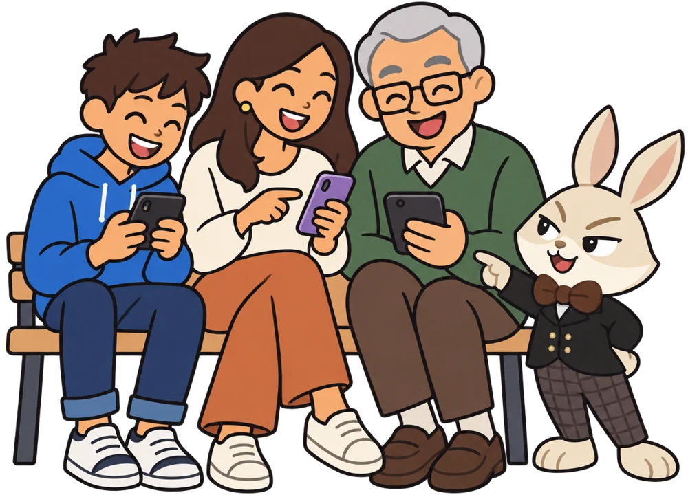 Egy tinédzser, egy fiatal nő és egy nagypapa kvízezik a telefonján, mellettük Lord Hopps