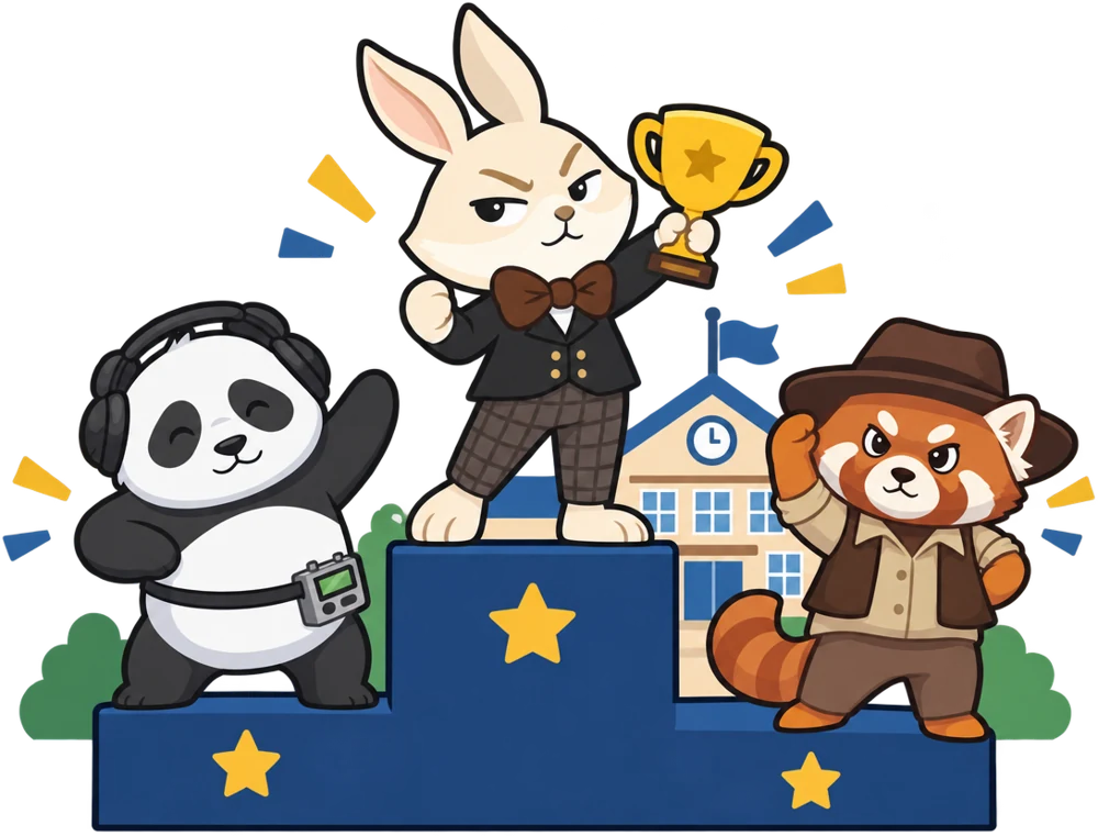 Lord Hopps, Luna és Cinnamon egy dobogón, mögöttük iskolaépület